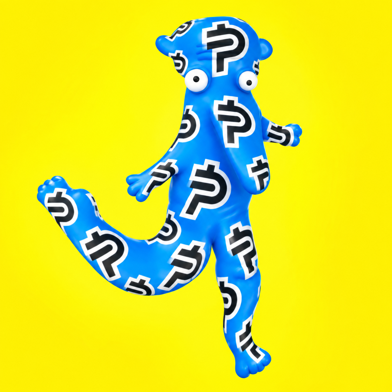 The blue tokapaid character on a vivid yellow background